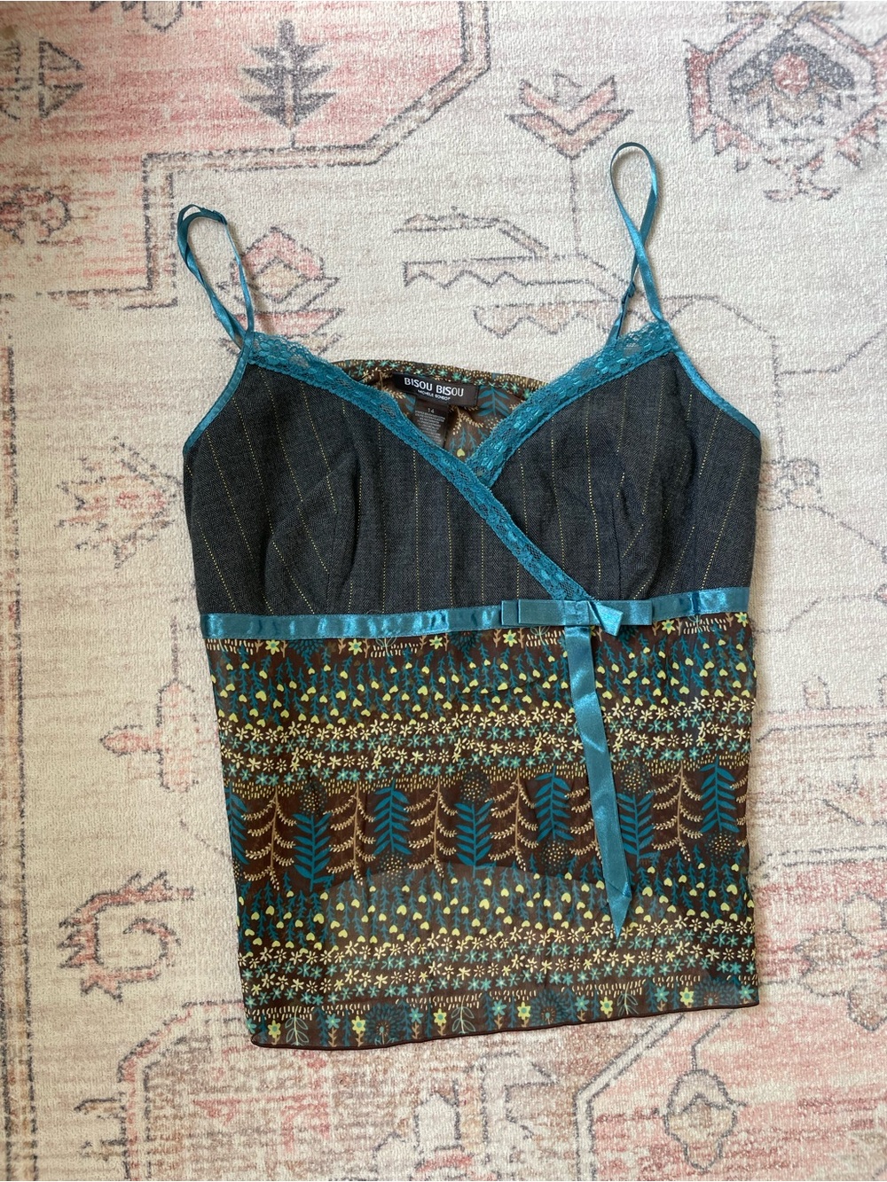 Bisou Bisou Fairycore Sheer Lace Ribbon Top Boho Floral Womens L